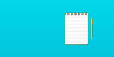 Opened yellow notebook and yellow ball-point pen, turquoise blue background with copy space for your image or text. Minimalist illustration as back to school. Top view, flat lay. vector