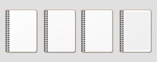 Realistic notepad. Lined, gridded and dotted sheets. Blank sheets of notebook with grid for homework and exercises. Creative illustration mock up diary. vector
