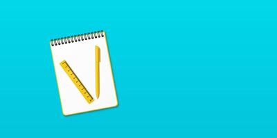 Opened yellow notebook and yellow ball-point pen and ruler, turquoise blue background with copy space for your image or text. Minimalist illustration as back to school. Top view, flat lay. vector
