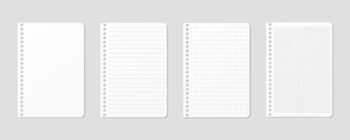 Ruled, gridded and dotted sheets. Blank sheets of notebook with grid for homework and exercises. Creative illustration mock up diary. vector