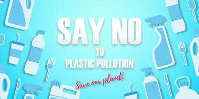 Say no to plastic pollution poster. Disposable plastic bottles, cans, spoons, cups, forks and knives in a flat style. Flat lay. Ecological problem. vector