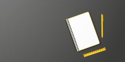 Opened yellow notebook and yellow ball-point pen and ruler on the right, black background with copy space for your image or text. Minimalist illustration as back to school. Top view, flat lay. vector
