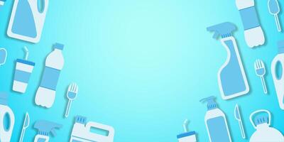 Disposable plastic. Copy space. Flat lay. Bottle, glass, spoon, knife, canister, spray. Objects in a flat style on the sides. Place for text in the center vector
