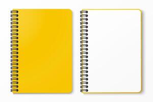 Top view of yellow spiral notebook with space for your image or text isolated on white background for mockup. Design concept. illustration. vector