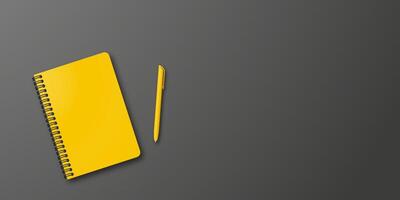 Closed yellow notebook and yellow ball-point pen black background with copy space for your image or text. Minimalist illustration of closed diary and yellow pen as back to school background. vector