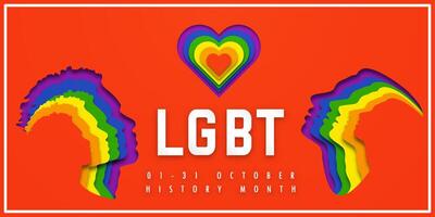 Banner PRIDE LGBT HISTORY MONTH. People's faces look up on heart in LGBTQ colors. Paper cut. Minority problem. PRIDE parade. Coexistence harmony and multicultural community integration. vector