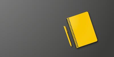 Closed yellow notebook and yellow ball-point pen on the right, black background with copy space for your image or text. Minimalist illustration as back to school. Top view, flat lay. vector