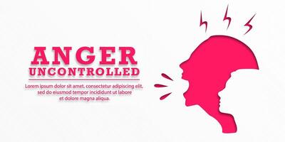 Angry girl screams. Lettering ANGER UNCONTROLLED. Frustrated woman with nervous problem. Anxiety, panic and confusion of thoughts. Mental disorder and chaos in consciousness. illustration. Paper cut. vector