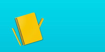 Closed yellow notebook and yellow ball-point pen and ruler on the left, turquoise blue background with copy space for your image or text. Minimalist illustration as back to school. Top view, flat lay. vector