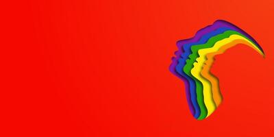 Design LGBTQ PRIDE. People's faces in LGBT colors. Paper cut. Minority problem. Pride parade. Coexistence harmony and multicultural community integration. Space for text. Copy space. vector