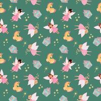 Magical Seamless Pattern with Fairies, Unicorn. Design for fabric, textile, wallpaper, packaging, nursery vector