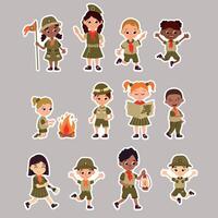 A set of stickers with scouts. Cheerful boy and girl scouts in different poses. vector