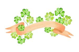 Brown ribbon for text with clover leaves for St. Patrick's Day.Watercolor and marker illustration. Hand drawn isolated stripe for banner.Botanical composition for holiday decoration vector
