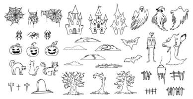 Set of different Halloween shapes. Black and white shapes illustration. Hand drawn graphic silhouette clip art. Line sketch of ghosts with castle and skeleton for spooky decor. Simple Doodle style vector