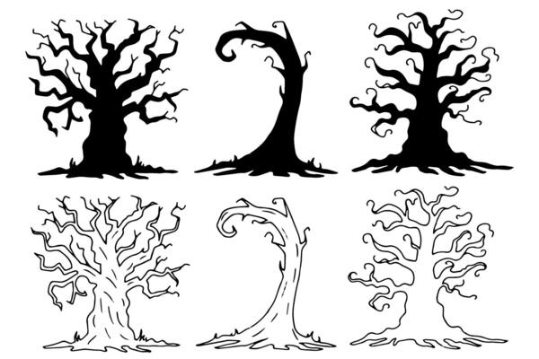 Set of tree silhouettes. Black outline illustration of a crooked, gnarled plant for Halloween. Hand drawn graphic clip art. Simple Doodle style. Nature element for decor and party invitation design