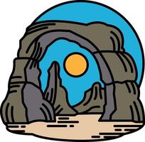A drawing of a mountain range with a large archway and a sun in the sky vector