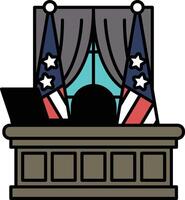 A cartoon drawing of a desk with a laptop and a flag behind it vector