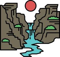 A mountain range with a river flowing through it and a red sun in the sky vector