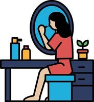 A woman is sitting at a desk with a mirror in front of her vector