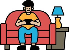 A man is sitting on a red couch playing a game vector