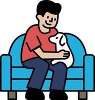 A man is sitting on a blue couch with a white dog on his lap vector