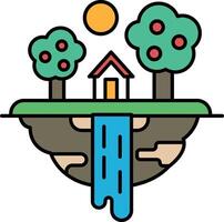 A house is in the middle of a forest with a waterfall in the background vector