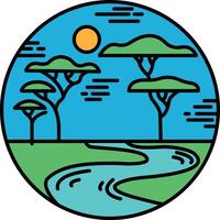 A blue circle with trees and a river in the middle vector