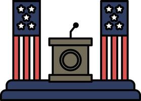 A podium with a microphone and two American flags behind it vector