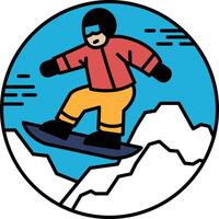 A cartoon of a man snowboarding with mountains in the background vector