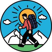 A man is walking with a backpack and a sun in the background vector
