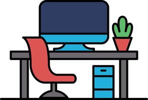 A computer desk with a red chair and a computer monitor vector