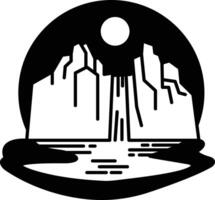 A mountain with a waterfall and a sun in the sky vector