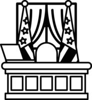 A cartoon drawing of a desk with a laptop and a flag behind it vector