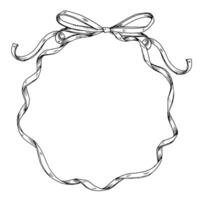 A round wreath with a hand-drawn ribbon and bow frames border the center of this card. The black and white illustration provides ample copy space for a personalized greeting or holiday message vector