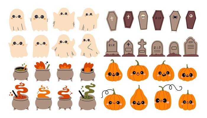Halloween element set isolated. Ghost, pumpkin, cauldron, grave and coffin. Perfect for scrapbooking, greeting card, party invitation, poster, tag, sticker kit. Hand drawn illustration.
