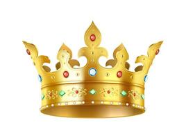 Gorgeous golden crown with colorful gemstones realistic illustration. Symbol of opulence and wealth 3d object on white background vector