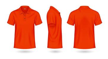 Vibrant scarlet polo shirts mockup design realistic illustration set. Casual model with copy space 3d models on white background vector