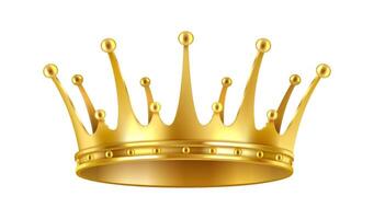 Luxurious golden crown with sharp spikes realistic illustration. Royal jewelry shines symbolizing wealth 3d object on white background vector