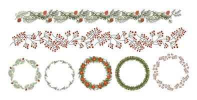 Christmas floral garlands and wreaths flat color objects set. Red berries branches and cones for festive designs illustrations pack on white vector