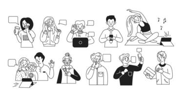 People using gadgets linear icons set. Adult users of modern devices for work and life characters illustration collections on white vector