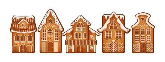 Cute gingerbread houses with cream decor flat color objects set. Cookies showing Christmas spirit illustrations on white background vector