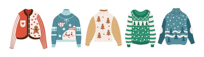 Cute Christmas sweaters with festive patterns flat color objects set. Models of holiday clothes for party illustrations on white vector