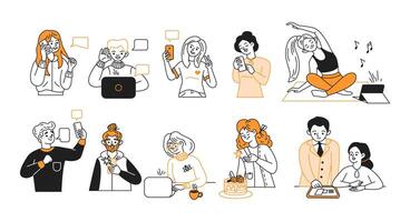 People using laptops smartphones and tablets color line icons set. Adults with digital devices for different purposes characters collection vector