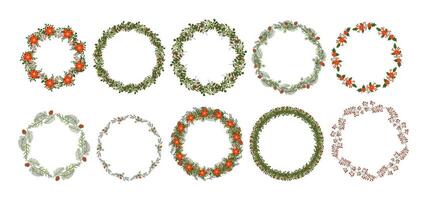 Unique Christmas wreaths flat color objects set. Flowers pine cones leaves and branches frames illustrations pack on white vector