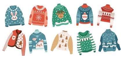 Modern Christmas sweaters with winter holiday patterns flat color objects. Creative knitwear ideas illustrations on white background vector
