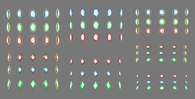 Colorful gemstones of various shape in rotating pattern realistic illustration set. Collection of gems 3d models on grey background vector