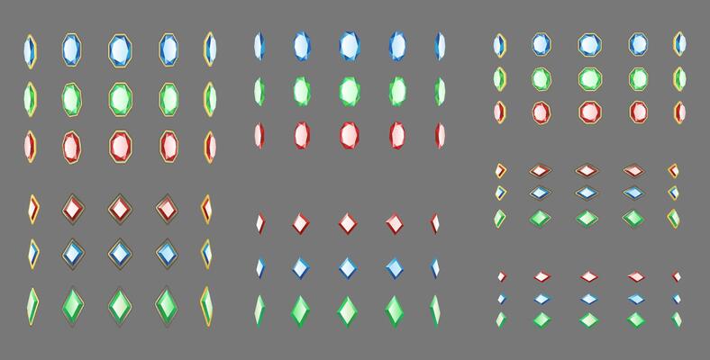 Colorful gemstones of various shape in rotating pattern realistic illustration set. Collection of gems 3d models on grey background