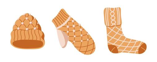 Beige winter clothes with beads flat color objects set. Hat mitten and sock representing wintertime fashion illustrations pack on white vector