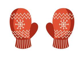Festive red knitted mittens with snowflakes pattern flat color object. Traditional handmade clothing illustration on white background vector