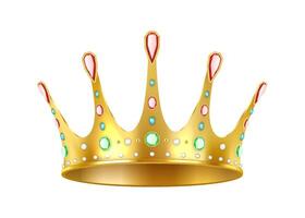 Royal golden crown adorned with gemstones realistic illustration. Luxury jewelry for queens and kings 3d object on white background vector